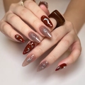 Long almond press-on nails in burgundy and grey with silver star and moon hand-painted art - Star Moon Wine Red Contrast Color Style (JP2835)