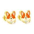 Cute golden corgi dog stud earrings with blue scarf and enamel finish for women - Little Corgi