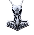 Ciondolo vichingo Mjölnir con corvo per uomo in metallo argentato con finitura vintage - Pendente Senza Catena (B0616)