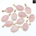 Oval pink rose quartz pendants with gold-plated borders and bail, set of 11 pieces - Rose Quartz