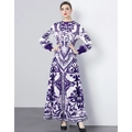 Lange maxi-jurk met paars en witte barokprint en geplooide geometrische textuur - Eén maat / Paars