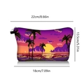 Detailed dimensions of tropical sunset makeup bag with palm trees and purple sky print - Purple Glow Style (jiaying31)