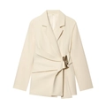 Detail of off-white blazer featuring a metallic gold buckle and pleated waist design - Beige Top