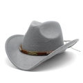 Close-up of brown woven band and vintage bronze buckle on a gray wool felt cowboy hat - M (56-58cm) / Gray