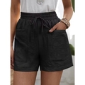 Detalle de los pantalones cortos de lino negro con cintura alta, cordón y grandes bolsillos - S / Bottoms / Negro