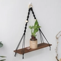 Handwoven wall shelf with dark brown wood board and black cotton rope with beads - Black 3 (Single Tier Dark Wood)