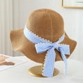 Women's woven straw sun hat with blue gingham bow and white lace trim detail - M(56-58cm) / Grid Lace Bow - Khaki (5 Lace Khaki)