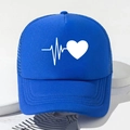 Detail of royal blue trucker hat with heart rate print and breathable mesh back - One Size / Sapphire Blue