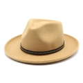 Classic khaki wool fedora hat for men and women with black studded leather band - M (56-58cm) / Camel