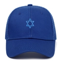 Detailed close-up of blue embroidery Star of David on mesh back trucker baseball cap - Adjustable / Sapphire Blue