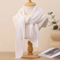 Elegant solid white pleated cotton-linen blend square scarf for women in minimalist style - White