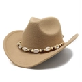 Detail of camel wool fedora with bohemian seashell and wooden bead hatband - M (56-58cm) / Camel