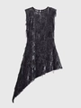 Detailed view of shimmering black sequins and fringe on an asymmetrical sleeveless dress - XS / Black