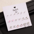 Detailed set of 9 pairs silver stud earrings featuring pink hearts and small pearls - Silver Rabbit Butterfly Heart Earrings (E0254-1)