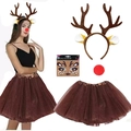 Brown reindeer antler headband with matching red nose and brown tulle tutu skirt set - Yellow Ears 4Pcs Set