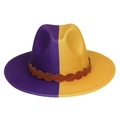 Classic fedora hat featuring a bold purple and yellow contrast with brown leather band - Purple Yellow Patchwork With Belt
