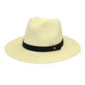 Detailed weave texture of cream paper straw Panama hat with black ribbon and gold stud - M(56-58cm) / Cream