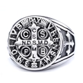 Vintage stainless steel St. Benedict medal ring with religious cross engraving - Vintage Silver St Benedict Style (12101)