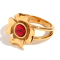 18K gold plated stainless steel four-leaf flower ring with red stone inlay - Vintage Four-Leaf Flower Natural Stone Ring - Gold Red Turquoise - Size 6