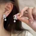 Detail of silver butterfly earrings with mother-of-pearl wings and white pearl drops - Silver Butterfly Shell Pearl Drop Earrings