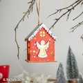 Red wooden LED Christmas house ornament with angel cutout and snow roof, size 6.9x7x9.3cm - Red Angel Cabin Hanging