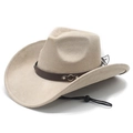Faux suede western cowboy hat in khaki with leather band and adjustable wind rope - M (56-58cm) / Beige