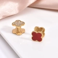 Gold plated four-leaf clover earrings with red inlay and cubic zirconia stones - Gold Frame Red Carnelian & Zirconia