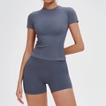 Ensemble de sport gris graphite sans couture avec t-shirt et short taille haute - S / Haut Et Bas / Manches Courtes + Short / Gris Bleu