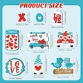 Guide des tailles de 9 décorations de plateau en bois pour la Saint-Valentin avec mesures - Ensemble de Décoration Thématique Oiseaux d'Amour et Pot à Cœur (Style B)