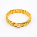 Detail of golden Tubogas snake bracelet featuring a rectangular pink zircon stone inlay - 10mmx18cm / Pink Zirconia