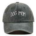 Detailed embroidery of DOG MOM text on washed dark grey canvas baseball cap surface - One Size / Army Green