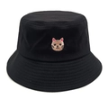 Dettaglio cappello a secchiello in cotone nero con ricamo testa di gatto carino - M (56-58cm) / Nero