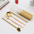 Portable gold flatware set with pink handles and beige storage box for travel - Type D Orange Yellow+Gold