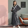 Women's grey flannel bathrobe featuring white contrast shawl collar and waffle texture - Grey [Women]
