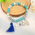 Bohemian kralenarmband met turquoise kralen, zilveren kruis en Hamsa-hand bedeltjes - Witgoud Kleur Blauw (3106)