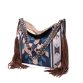 Detail of bohemian tote bag featuring geometric ethnic patterns and brown leather straps - Style 3