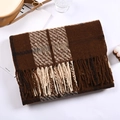 Brown and beige plaid cashmere-like scarf with fringe tassels for winter warmth - Coffee Plaid