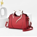 Chic red trapezoid handbag with gold cat-ear metal handles and adjustable strap - Dark Red
