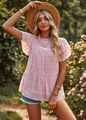 Detail of pink leopard chiffon top featuring flutter sleeves and a ruffled hem in a garden - S / Pink