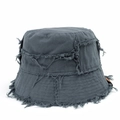 Detailed view of dark grey bucket hat with frayed edges and brown leather patch accent - M (56-58cm) / Gray