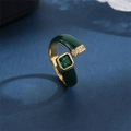 Vintage green enamel open ring with emerald gemstone and cubic zirconia accents - Dark Green