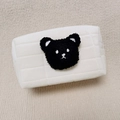 White quilted velvet pencil case with black plush bear patch in Korean ins style - White (Black Bear)