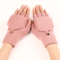 Pink striped knit convertible gloves with flip-top cover and button closure for women - One Size / Pink