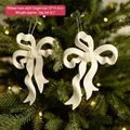 Set of 2 white glitter Christmas bow hanging ornaments for holiday tree decoration - Ribbon Bow Style