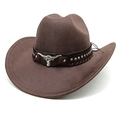 Detail of brown cowboy hat featuring silver bull head buckle and metallic studs decoration - M (56-58cm) / Striped Coffee