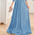 Elegant deep blue sequin high waist maxi dress for bridesmaids and evening parties - US Size 2 (S) / Light Blue