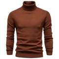 Detail of ribbed turtleneck and knit texture on a men's brown pullover sweater - Turtleneck Heather Coffee