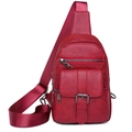 Minimalist burgundy PU leather chest bag with multi-zipper pockets and wide strap - Red