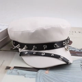 White faux leather baker boy hat with punk style metal spikes and silver hardware - One Size 58cm / Beige Large Buckle Rivet Style