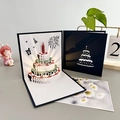3D pop-up birthday card featuring a detailed laser-cut three-layer cake with candles - Blue Cake+Music Yellow Light-Button